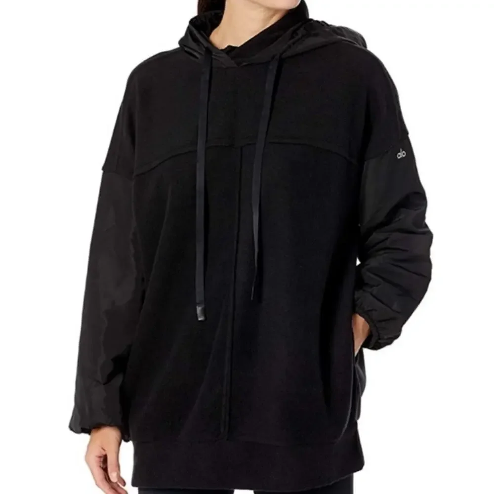 Alo Women's Mixed Media Hoodie Oversized Polar Fleece Pullover Sweatshirt XS